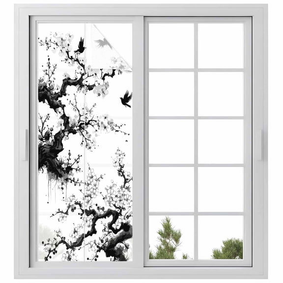 Chinese Painting Window Privacy Film, Traditional Culture Cool Bird Tree Branch Static Cling UV Sun Blocking Heat Control Window Tint Day and Night, Non-Adhesive One Way Privacy Cover 23.6''x59''