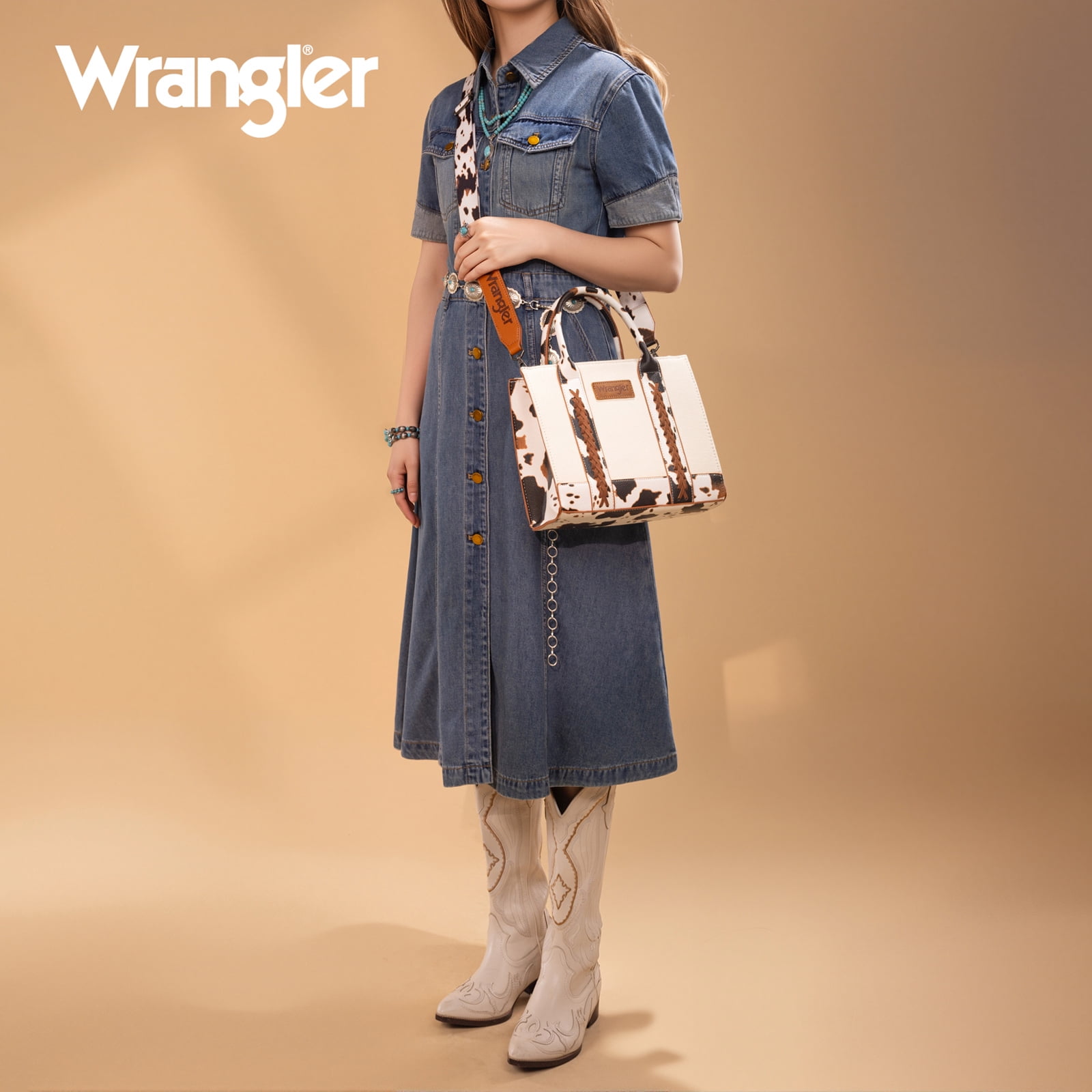 Wrangler Medium Tote Bag for Women Canvas Structured Satchel Purse with Braided Straps Top-handle Handbag with Zipper Pocket, COW-Brown