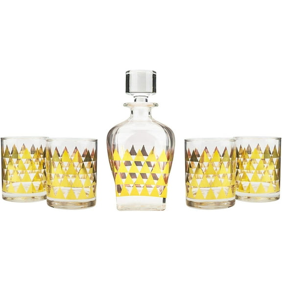 European Glass WSG5, 25 Oz Crystal Decanter and Four 12 Oz Heavy-Base Whisky Scotch Brandy Glasses with Gold Sputtering, Wedding Gift Carafe & Tumblers, 1 4-Piece Set