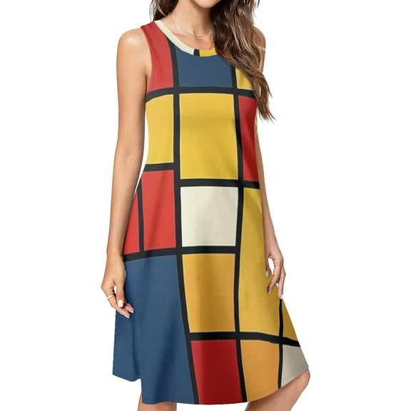 Mondrian Inspired(12) Spring Summer Dresses for Women Fashion T-shirt Dress Casual Sleeveless Loose Sundress with Pockets