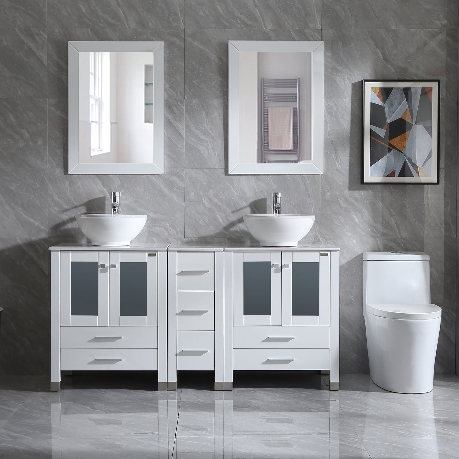 Wonline 60 Inches Double Bathroom Wood Vanity Set White Bathroom ...