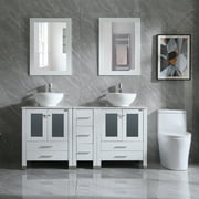 Walcut New White Bathroom Double 60'' Tempered Glass Vanity Top Cabinet Solid Wood Bowl Sink w/Mirror Faucet