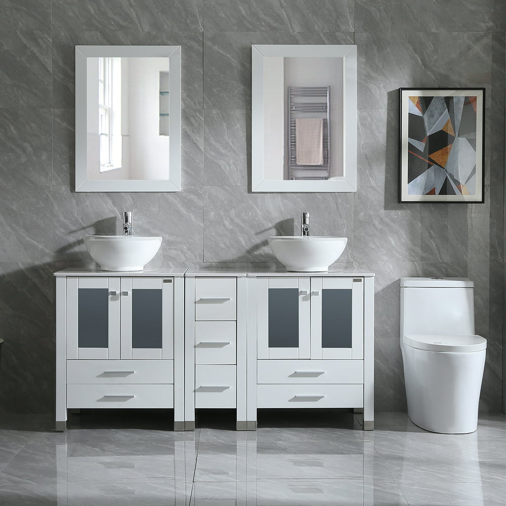 Walcut New White Bathroom Double 60'' Tempered Glass Vanity Top Cabinet ...