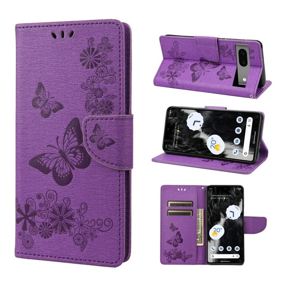 Wallet Case for Google Pixel 7a,Retro PU Leather Butterfly Embossed Pattern Full Protection Anti-Scratch Magnetic Clasp Flip Holder Card Slots & Cash Pocket Phone Cover,Purple