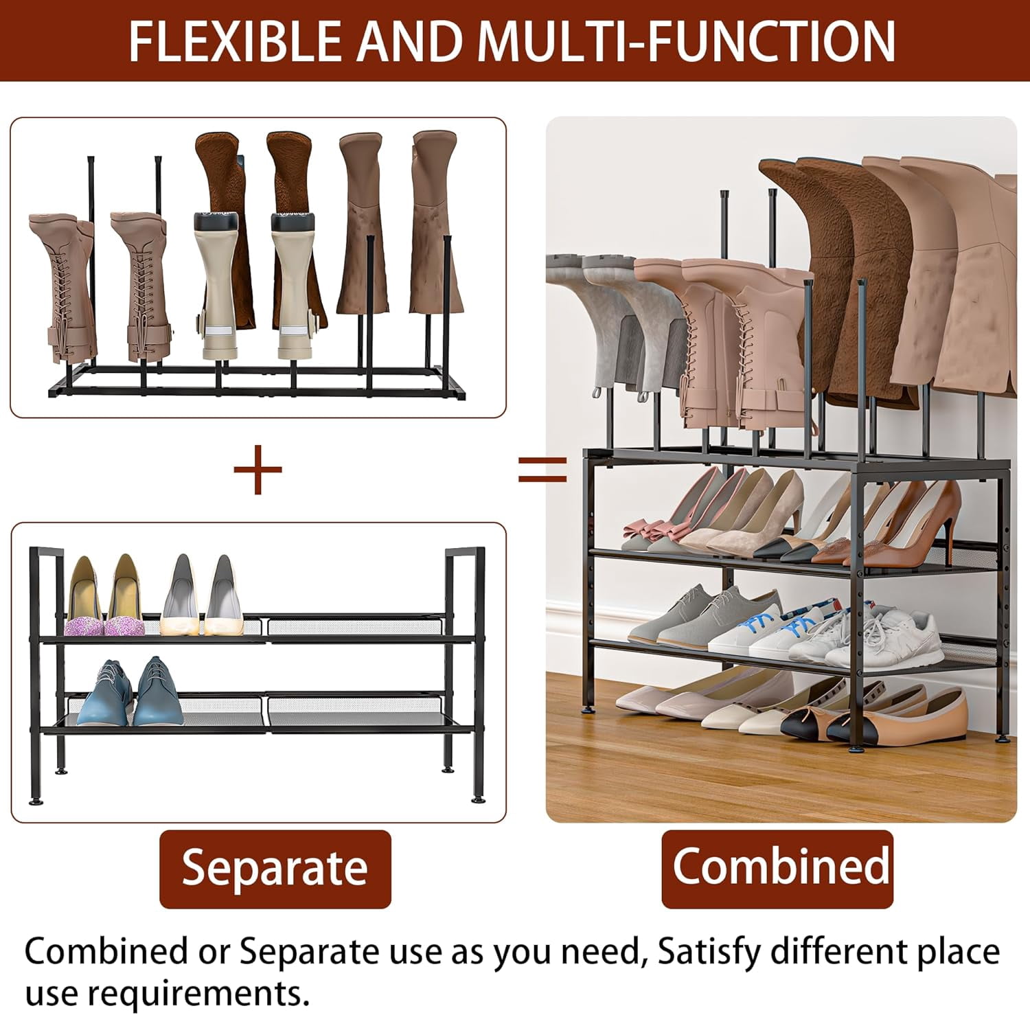 Adjustable Shoe and Boot Rack in One, 3 Tiers Tall Storage Organizer for Closet, Entryway, Garage