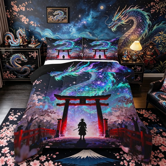 Metsweet Galaxy Gradient Dragon Full Size Comforter Sets 3-Piece, Japanese Samurai Sakura Bedding Comforter Set, Blue Purple Red Black,Black Reversible,1 Comforter and 2 Pillowcases