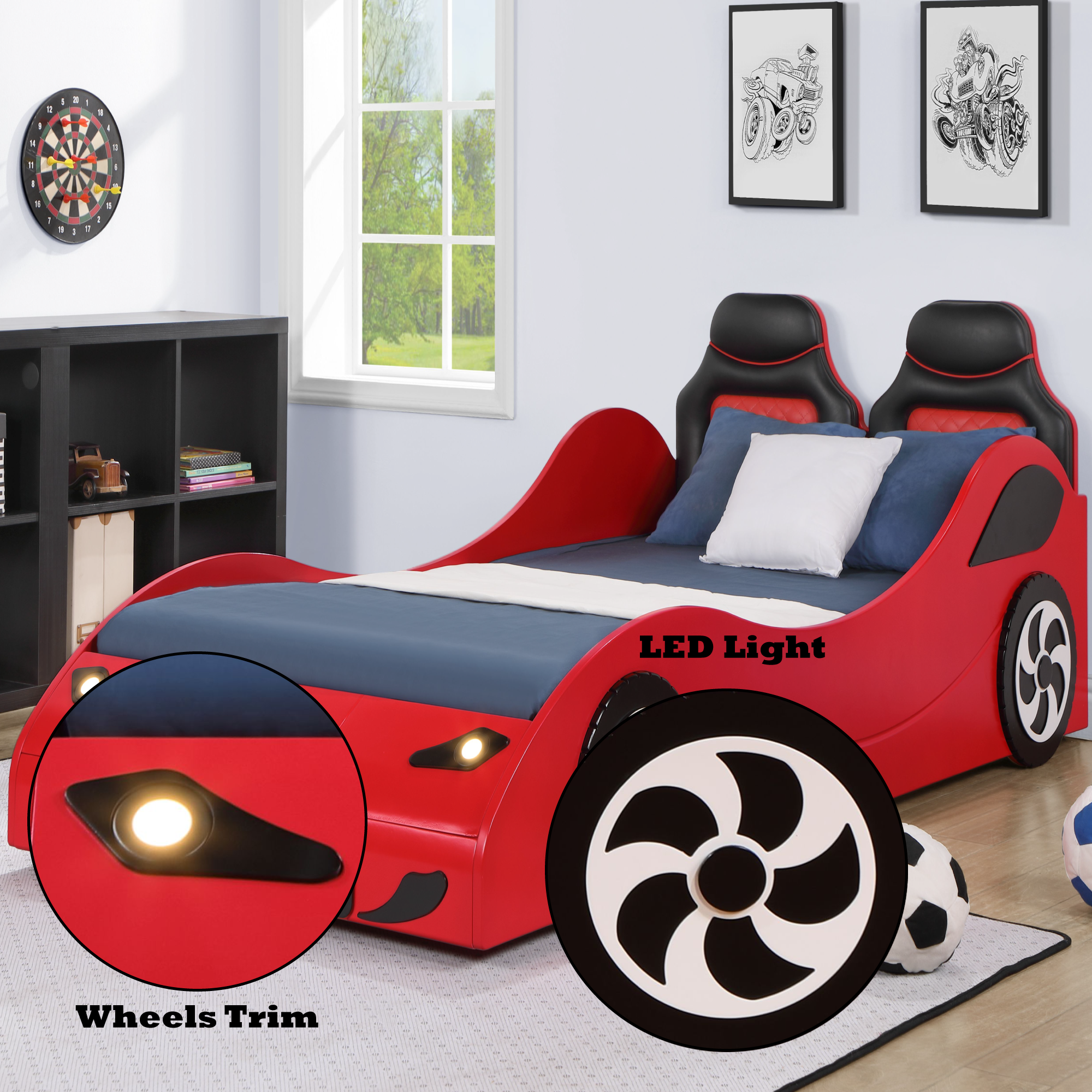Miekor Furniture Colen Red Finish Twin Car Bed With Led 00075