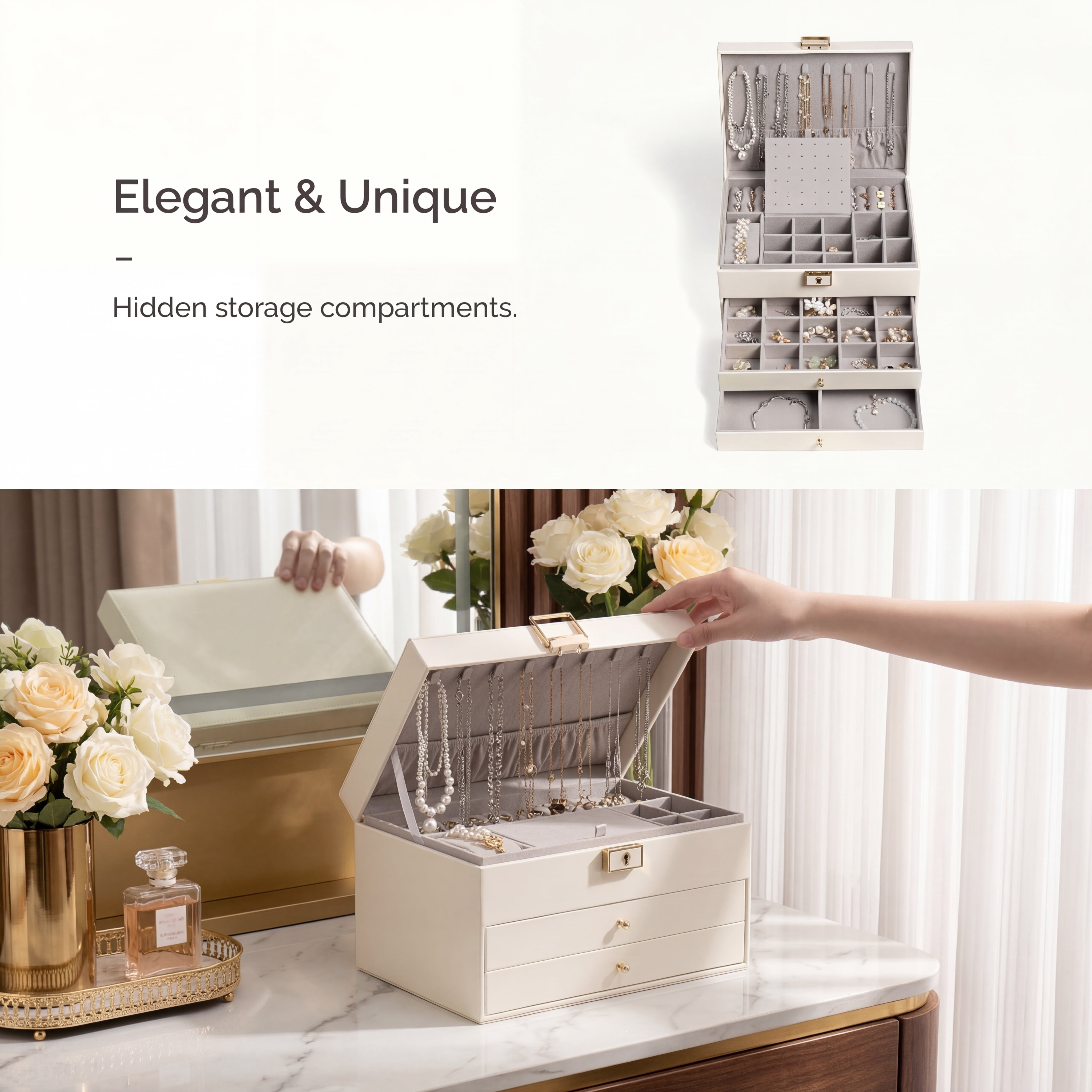 Casegrace 3 Layer Large Jewelry Storage Box, 2 Drawers Jewelry Organizer Case with Gray Velvet, Lockable Jewellery Holder Display for Earring Rings Necklace Bracelet Watch, Women Girls Kid Gifts