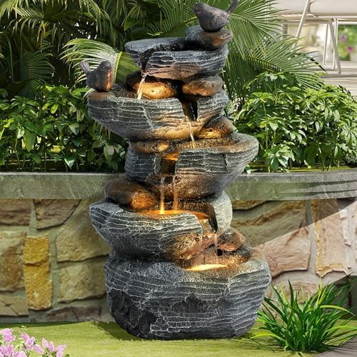 Water Fountain Outdoor with Bird, Modern Water Feature with LED Lights, 5-Tier Cascading Resin Waterfall Fountain, 26" Garden Fountains for Yard, Deck, Patio, Porch$$Garden & Patio