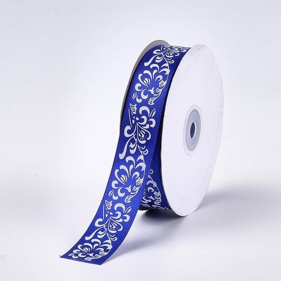 1 Roll 50 Yards Single Face Satin Ribbon Blue Polyester Ribbon Flower Pattern Ribbon Ornament for Crafts Flower Bouquets Wedding Shower Home DIY Decor 1 inch(25mm)