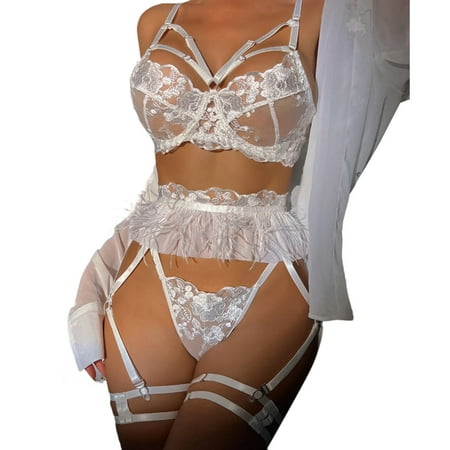 

Sebtyili Lingerie Set Feather Splicing Clashing Metal Chain Set Hot