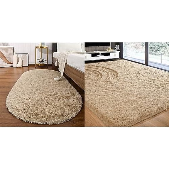 2 Beige Rugs Set, 4'x5.3' Rectangular and 2.6'x5.3' Oval Rug Set, Area Rugs for Bedroom Living Room, Fluffy Fuzzy Shag Shaggy Carpet Soft Plush Furry Bedside Rug