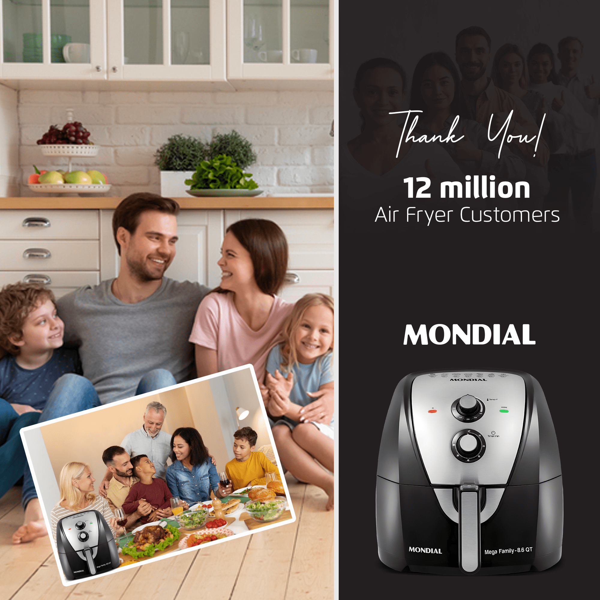 Mondial Air Fryer, Non-Toxic Large Air Fryer-Easy Set Up - Advance Fast Heat Circulation, 85% Less Fat- Removable & Squared Basket-1800 Watts, 8.6