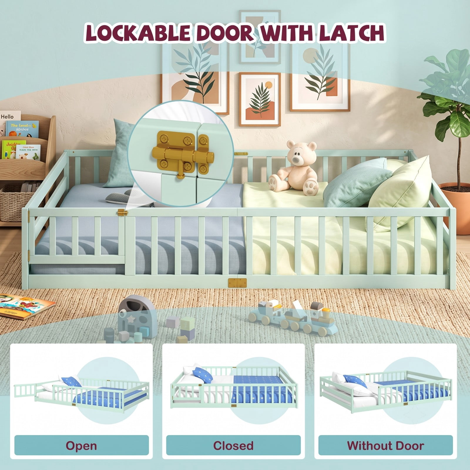 Furnibear Queen Bed Frame, Montessori Floor Bed with Full Length Safety Guardrails and Lockable Gate, Queen Wood Floor Bed for Kids Room, Mint Green