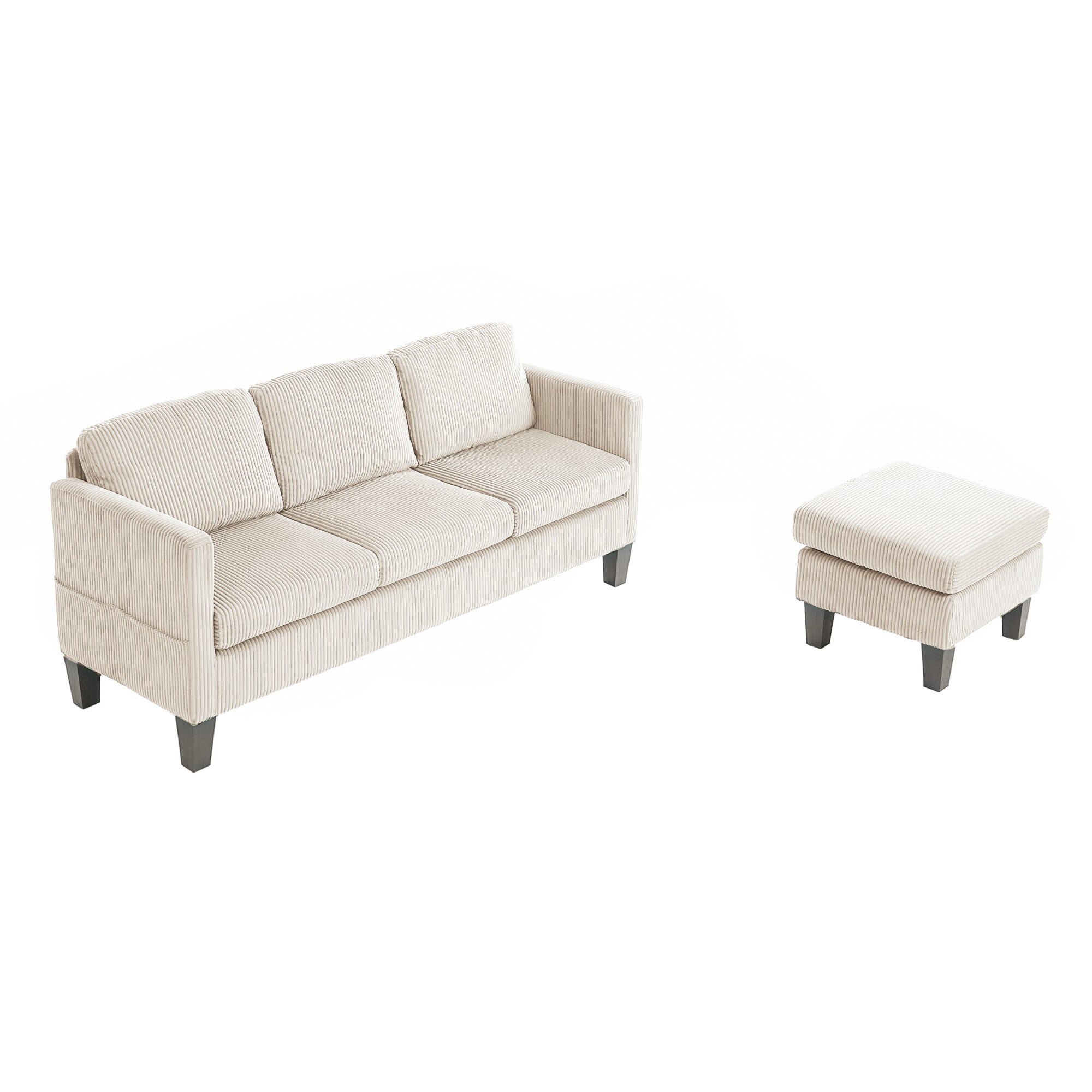 AENKYO 67" L-Shaped Corduroy Sectional Sofa with Storage Ottoman, Modern 3-Seat Couch w/ Side Pockets, Beige