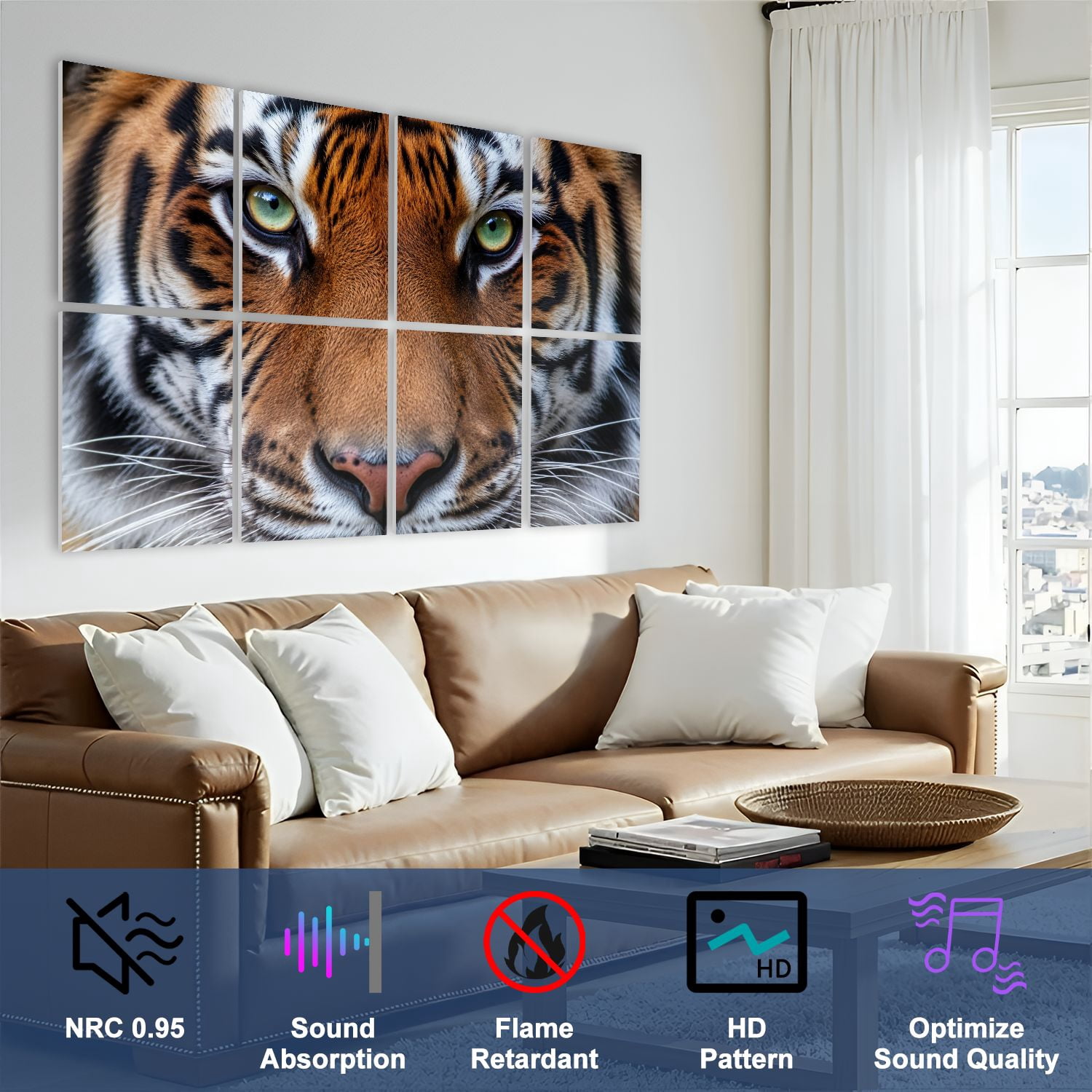 8 Pack Art Acoustic Panels Sound Absorbing eyes tiger Decorative Soundproof Wall Panels Self Adhesive for Nursery Game Room Bedroom 48"x32"