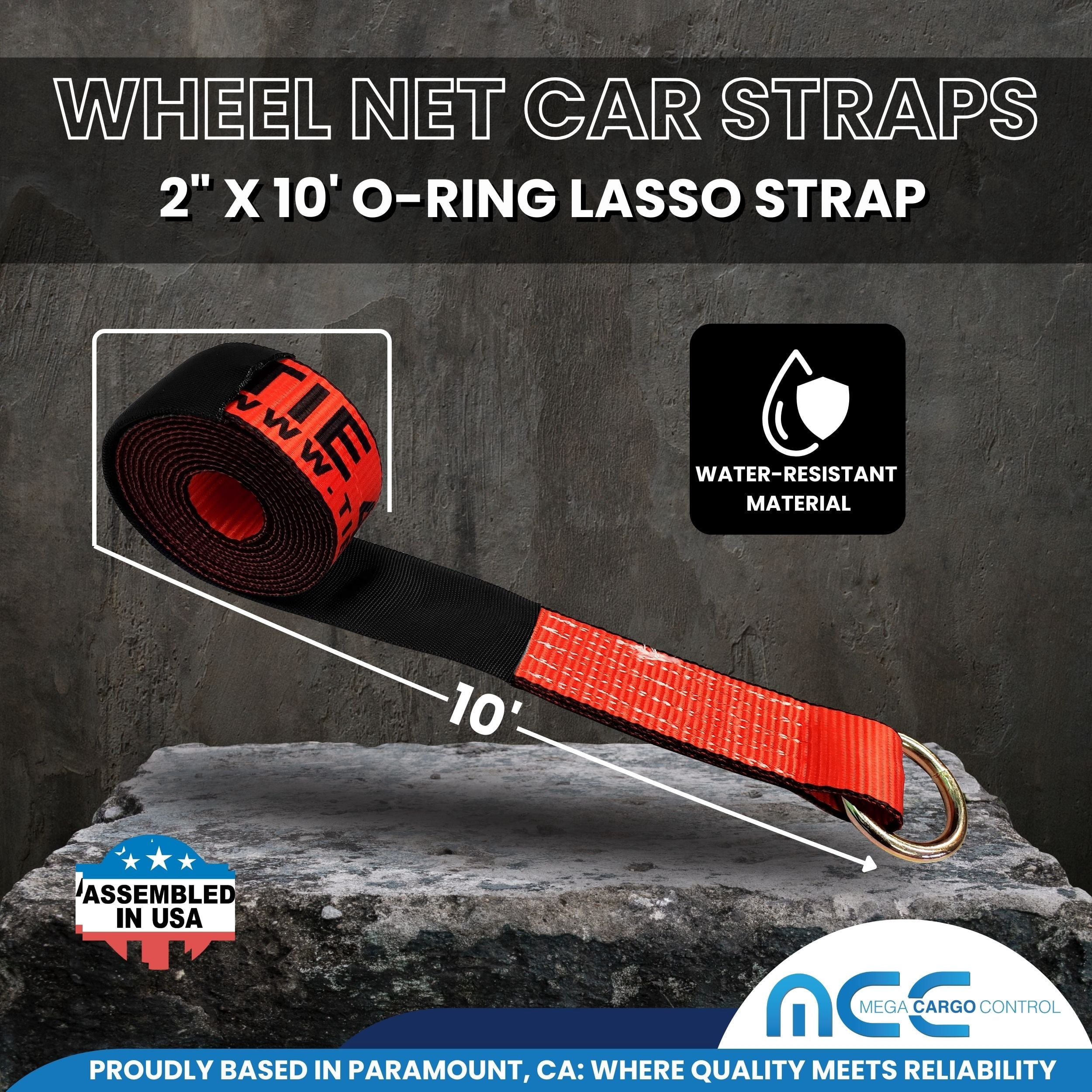 Mega Cargo Control Side Mount Wheel Net Straps with Swivel J Hook Ratchet Buckles, 2" x 10' O-Ring Lasso Strap, 4 Pack, Red