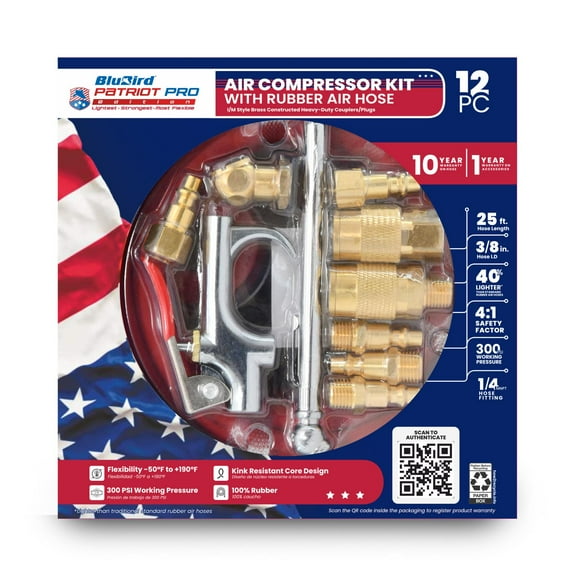 BluBird Patriot Pro Rubber Air Hose 3/8" x 25' - 12 Pieces Kit