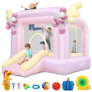 Adnoom Inflatable Bounce House, Kids Bouncy Castle for 2~8 Years, Indoor/Outdoor Bouncy House with 370W Blower, Wide Slide, Safety Net,Basketball Rim&Fun Toys for Backyard