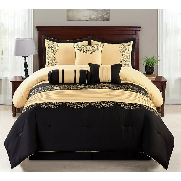 7 Piece Gold & Black Cotton Touch Oversized Embroidered Comforter Set