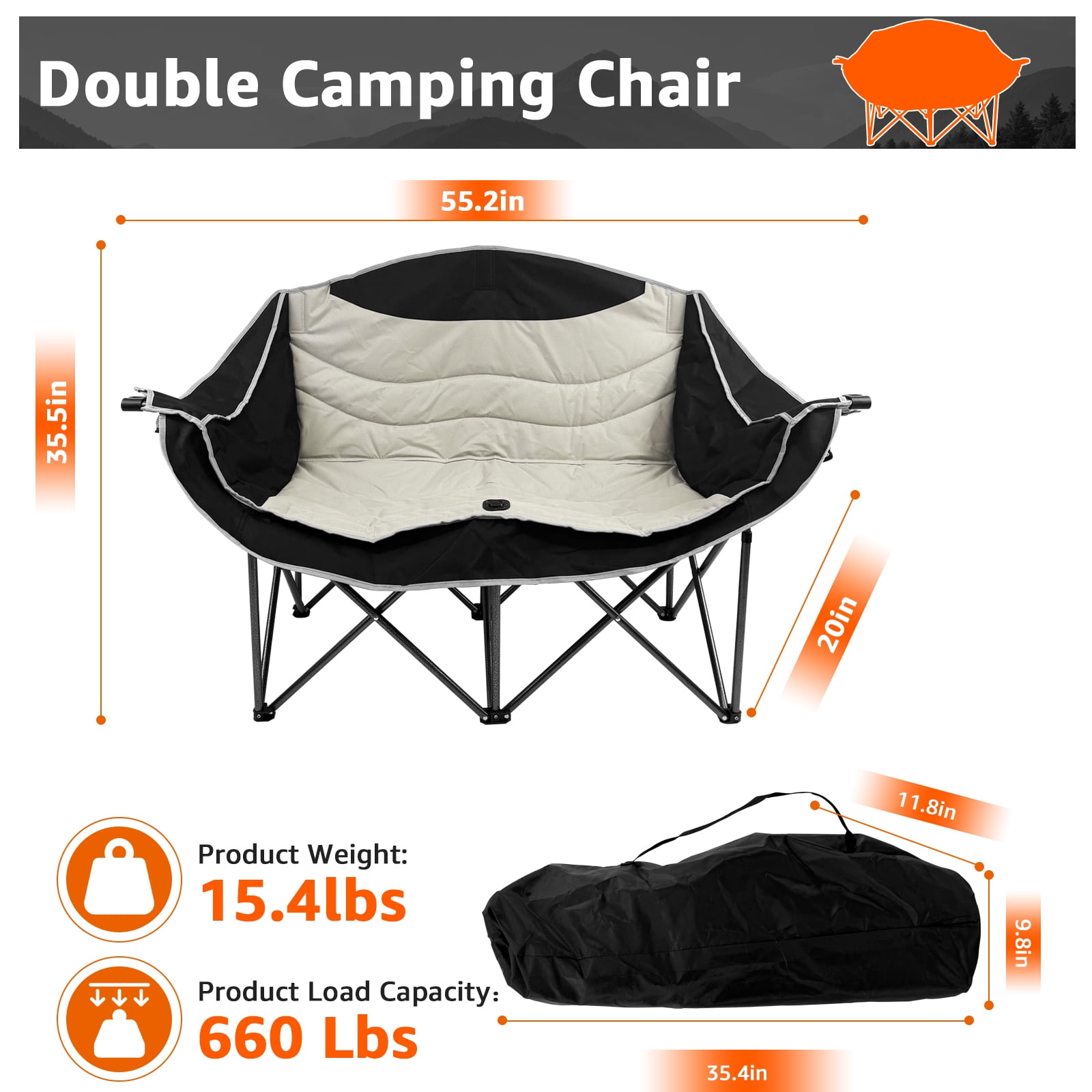 Jacgood Double Camping Chair for Couples, Comfortable Folding Loveseat with 2 Cup Holders & Armrests, Heavy-Duty 660lb Capacity for Camping