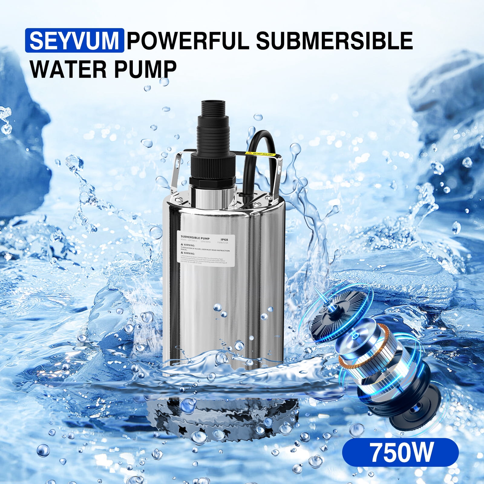 SEYVUM 3900GPH 1HP Submersible Water Pump, Stainless Steel Sump Pump with 16.5FT Cord, Utility Pump Portable Transfer for Pool Draining Garden Spa Hot Tub Pond Flood Basement Yard