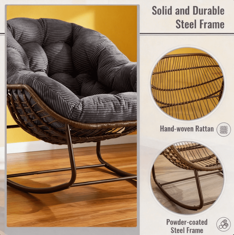Outdoor Rocking Chair, Wicker Egg Rocking Chair Rattan Papasan Rocker with Thick Cushion