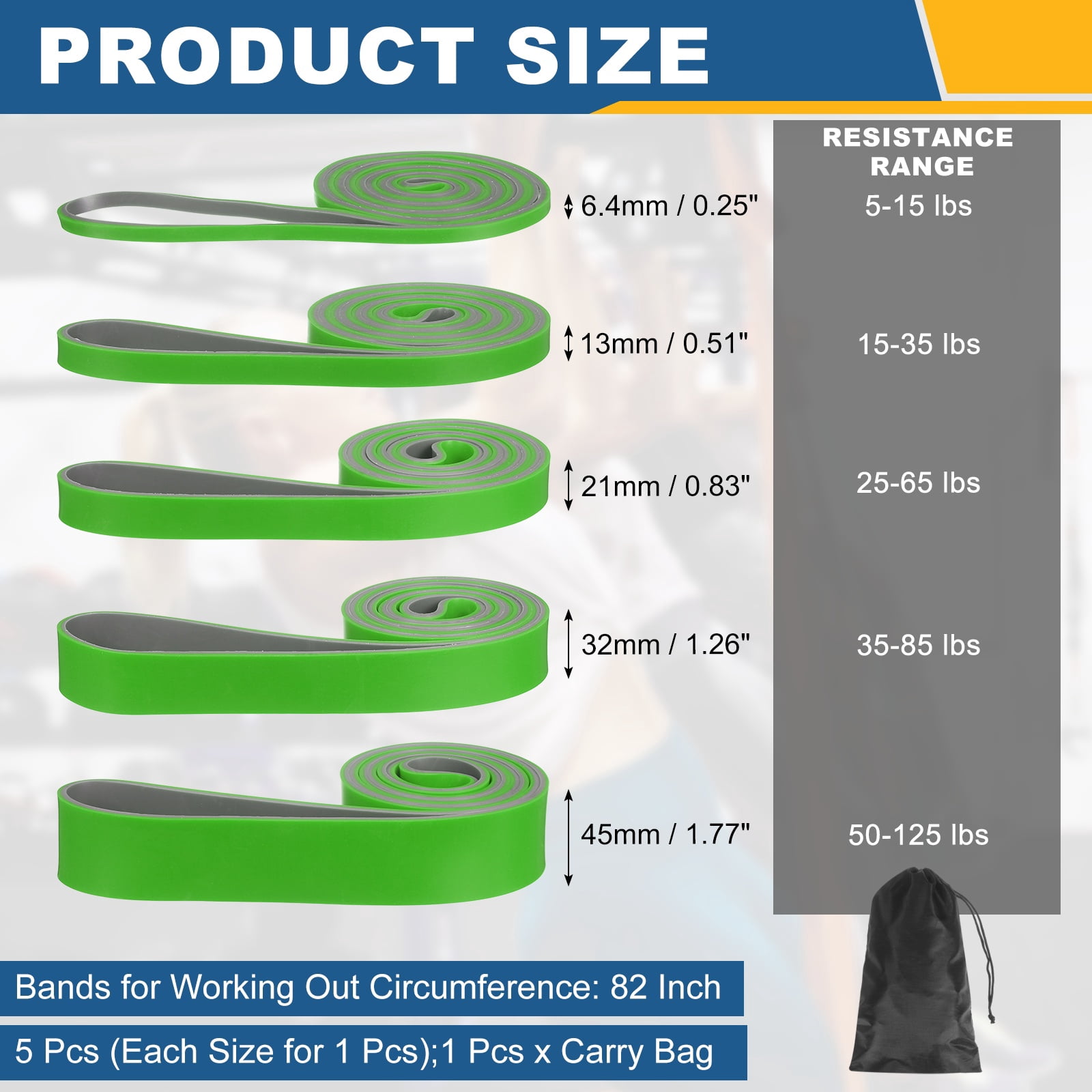 Uxcell Resistance Bands for Working Out, 5 Levels Pull Up Assistance Bands with Carry Bag 5 Pcs & Green/Gray -Fitting for (Home/Gym)