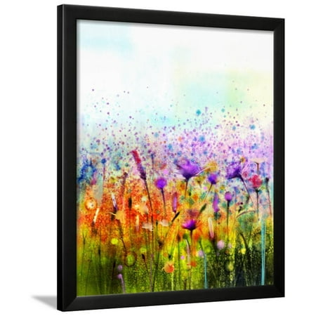 Abstract Watercolor Painting Purple Cosmos Flower Cornflower Violet Abstract Watercolor Painting Purple Cosmos Flower Cornflower Violet Lavender White And Orange Wil Framed Print Wall Art By Pluie R