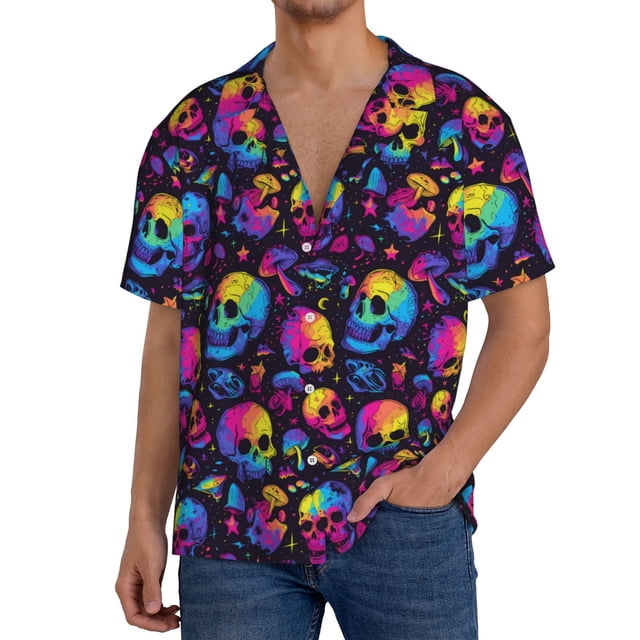 Balery mushroom rainbow color Skull Camisa Casual de Manga Corta con Botones para Hombre, Texturizada, Estilo Cubano, para Playa, Verano-XX-Large