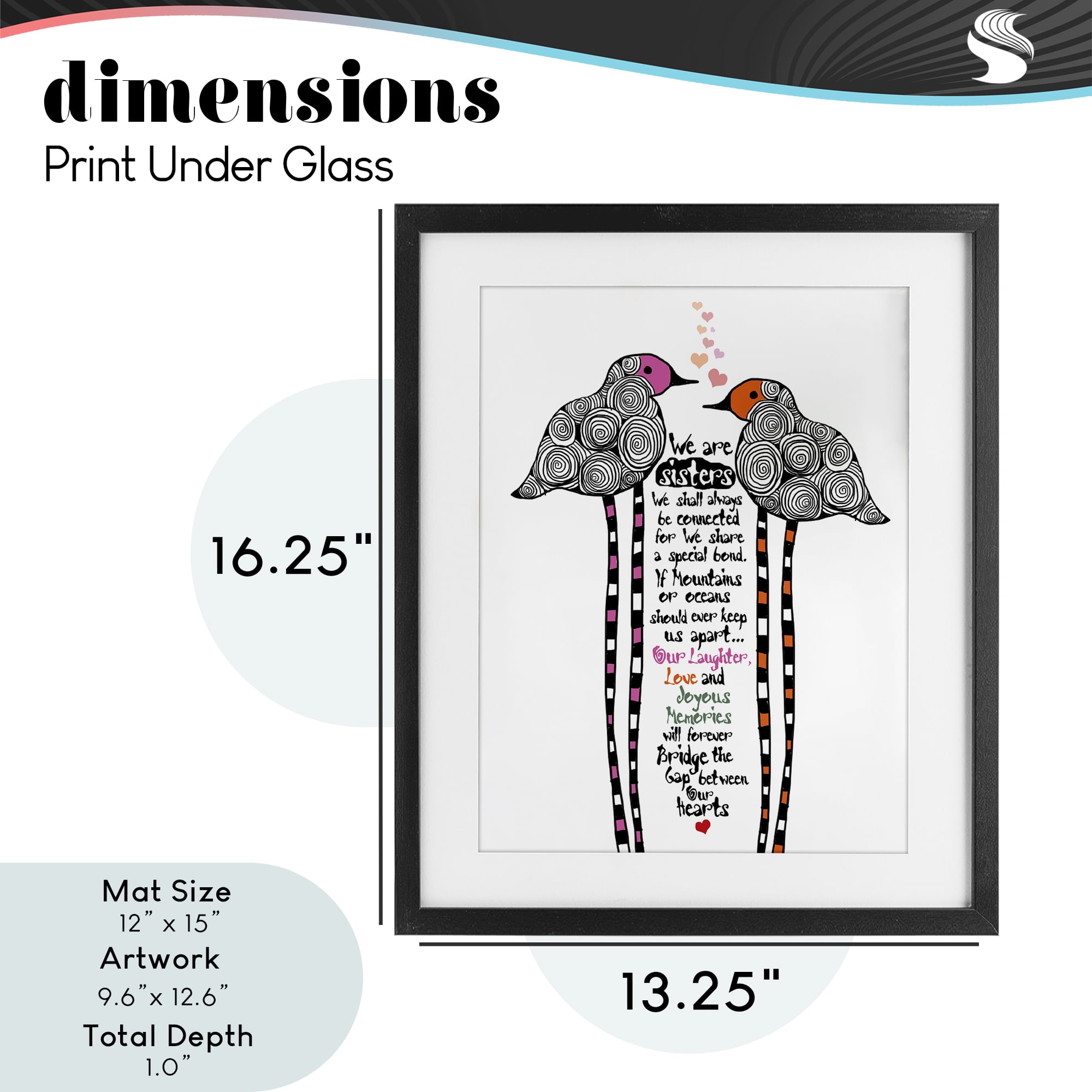 We Are Sisters Bird Duo Black Framed Print Under Glass, design by Suzanne Millius