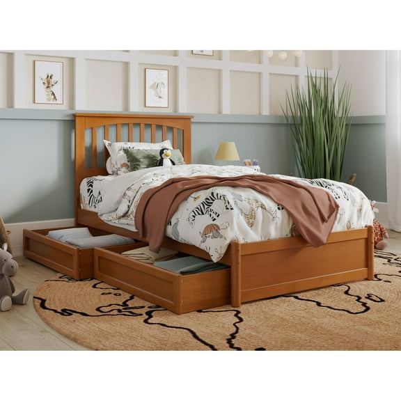 Everett Twin Wood Platform Bed with Panel Footboard & Drawers in Light Toffee