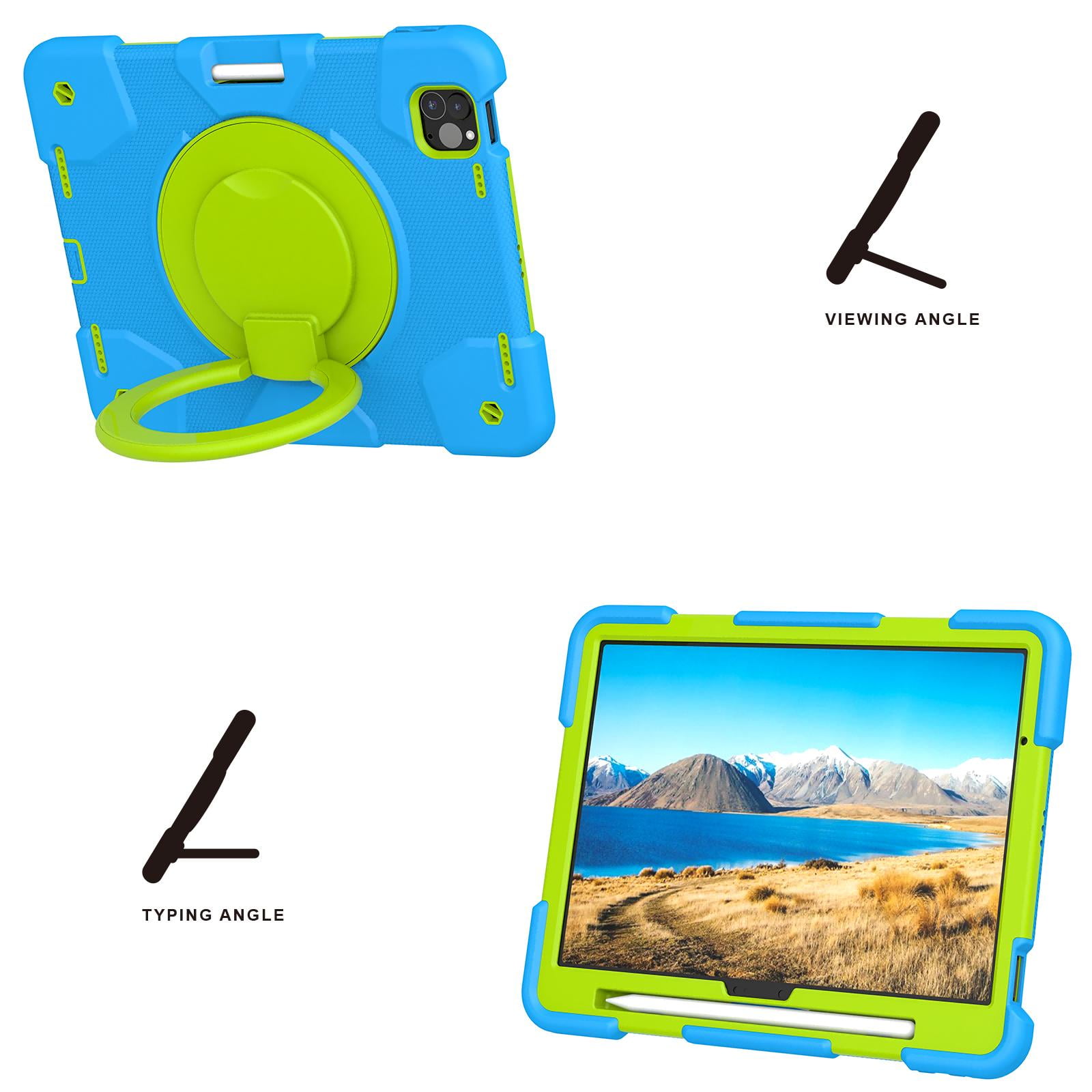 ELEHOLD Military Grade Shockproof Case For Apple iPad Air 11 (2024), Heavy Duty Protection Ring Stand Cover, Adjustable Angel, Detachable Shoulder Strap, Pencil Holder, Blue+Green