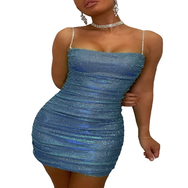 Robe à Paillettes pour Femmes Bretelles Spaghetti Robe de Soirée Moulante Dos Nu Mini Robe de Soirée Clubwear Rose L