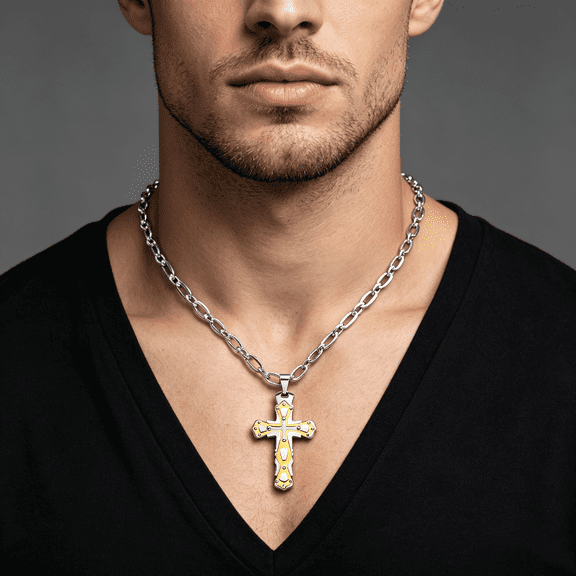 Two‑Tone Layered Cross Pendant Necklace for Men Women, 14K White Gold Filled Stylish Religious Jewelry