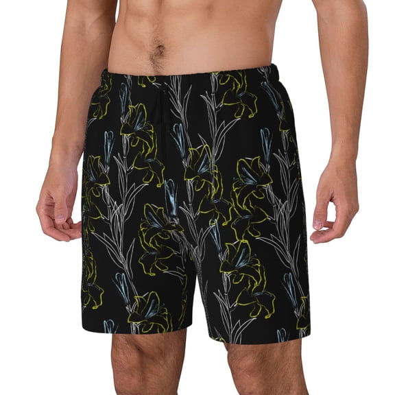 Logiee Lilies Flowers Print Men's Swim Trunk,Quick Dry Board Shorts ,Men's Swim Trunks with Compression Liner, Bathing Suits with Pockets-Small