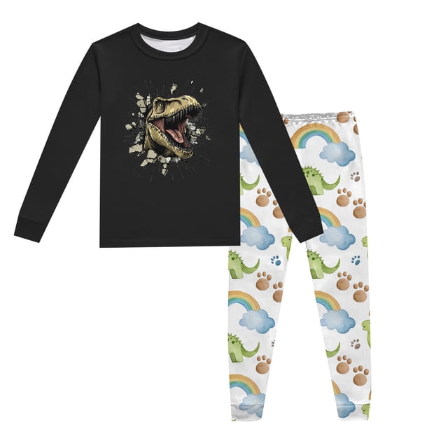 LUOGENLI Ensemble de Pyjama à Manches Longues Col Rond Imprimé Dinosaure pour Enfants (2-9 Ans) Maxi Boysuit avec Shorts sous Noir 5T