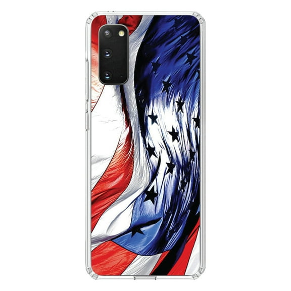 DistinctInk Clear Shockproof Hybrid Case for Galaxy S20 / S20 5G (6.2" Screen) - TPU Bumper, Acrylic Back, Tempered Glass Screen Protector - Red White Blue United States Flag Waving - America