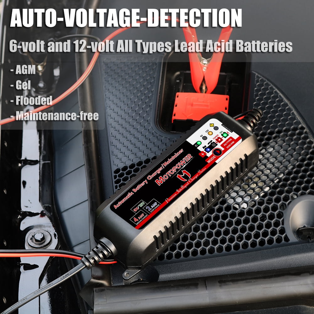 MOTOPOWER 6V and 12V 4AMP Automatic Smart Battery Charger, Battery Maintainer, Battery Desulfator with Force Charging Recondition Mode