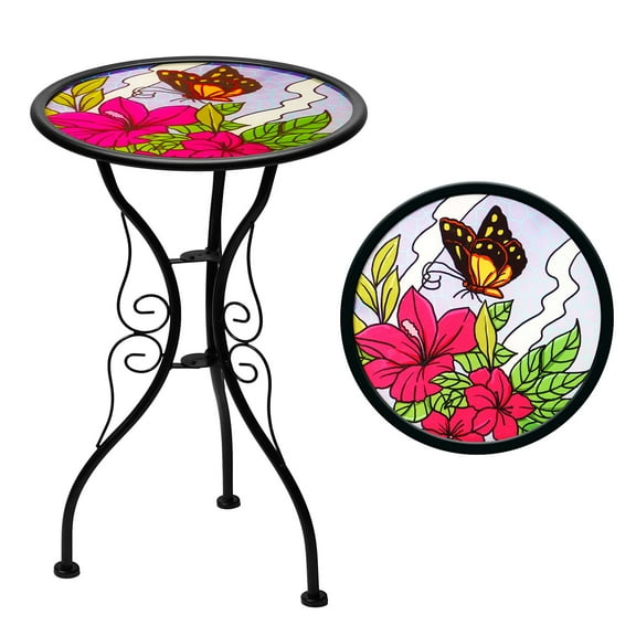 G128 14 in Round Glass Outdoor Side Table Butterfly Floral Pattern | Decorative Plant Stand, Small End Table for Garden Patio Porch Living Room