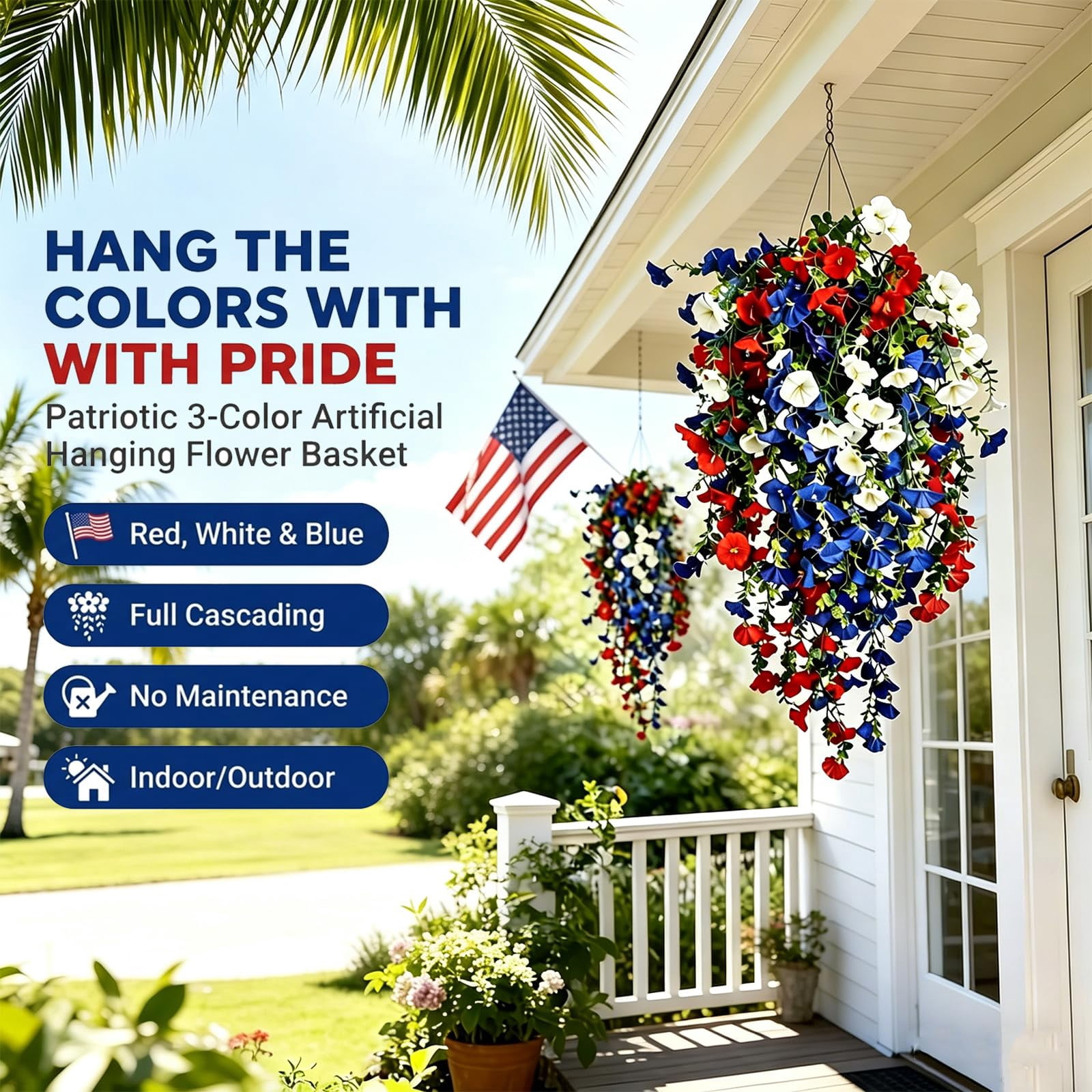 Patriotic Hanging Flower Baskets, 4th of July Decoration Tricolor Patriotic Artificial Flower, Large Hanging Baskets with Artificial Flowers Red White Blue, for Porch, Yard, Table