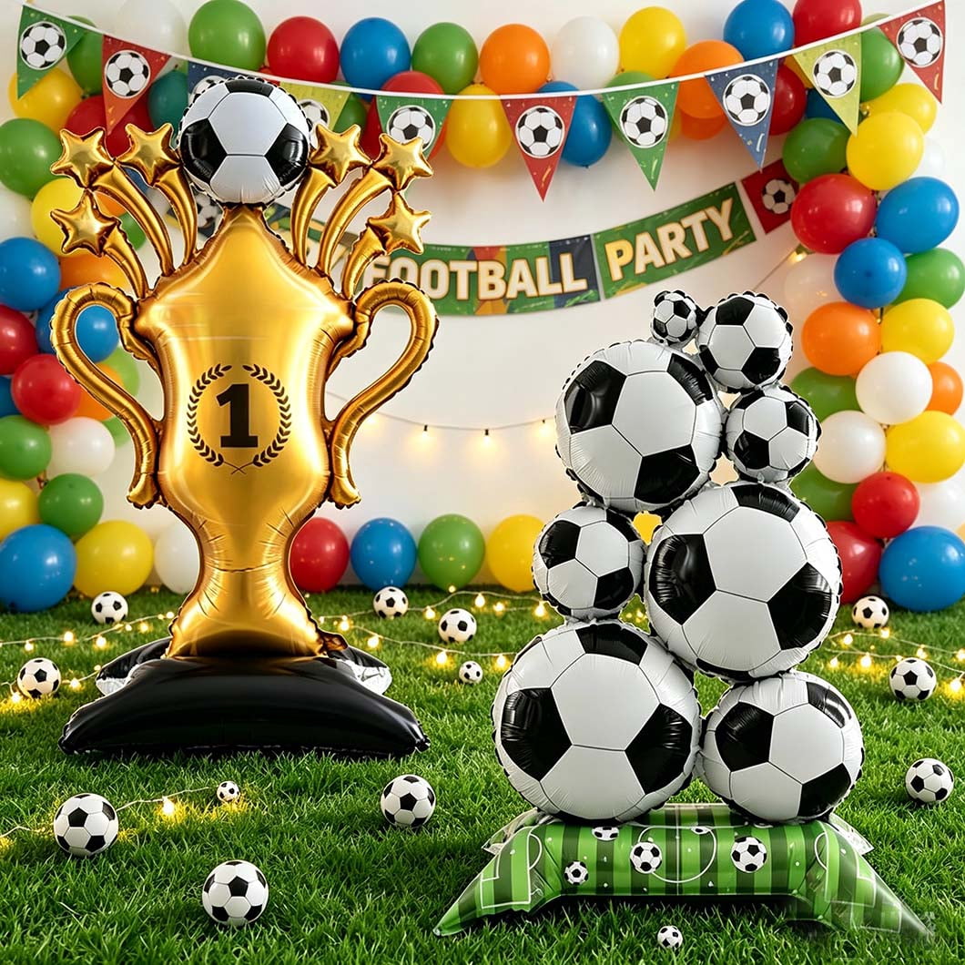 2Pcs Giant Soccer Balloons Champion Trophy Balloons Soccer Party Decorations Soccer League Champions Trophy Decor Sports Football Ball Fans Birthday Party Decoration