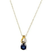 Simply Gold Gemstone 10kt Yellow Gold 7x5mm Pear-Shaped Created Ceylon Sapphire Pendant with Diamond Accents, 18