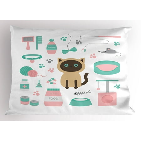 Cat Lover Pillow Sham Cartoon Style Surprised Looking Siamese among Pastel Colored Cat Related Items, Decorative Standard Size Printed Pillowcase, 26 X 20 Inches, Multicolor, by Ambesonne