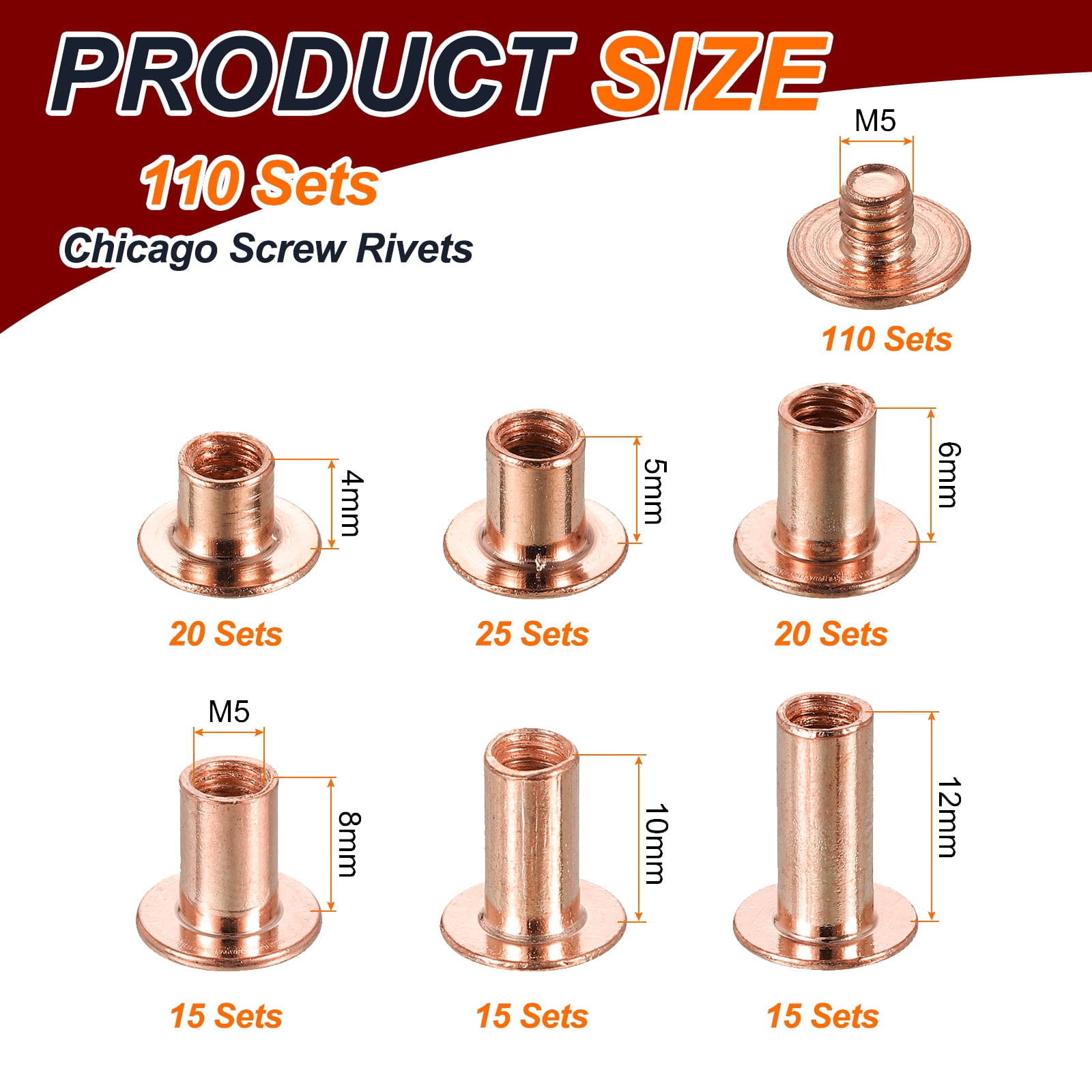 Uxcell M5 Chicago Screw Rivets 110 Sets Metal Binding Screws for Leather Craft, Copper