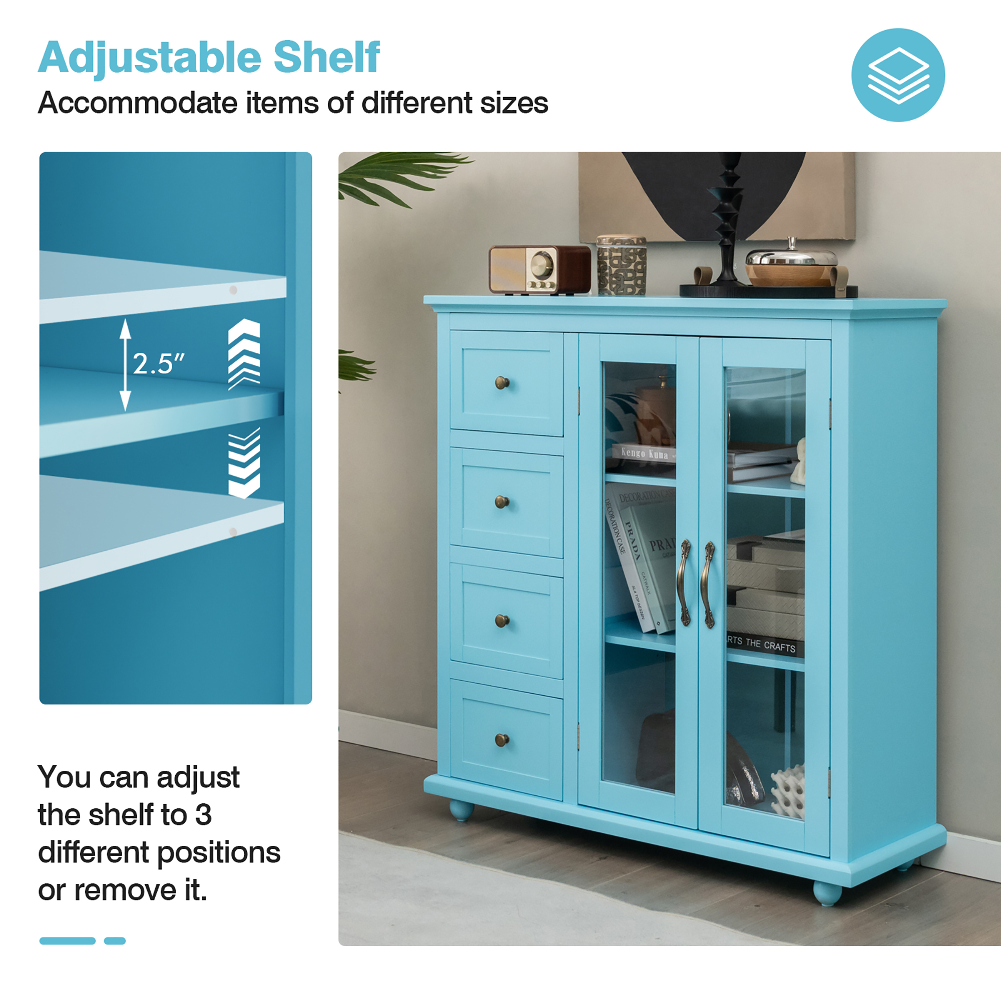 Costway Dining Server - Blue Buffet Sideboard Table with Shelves