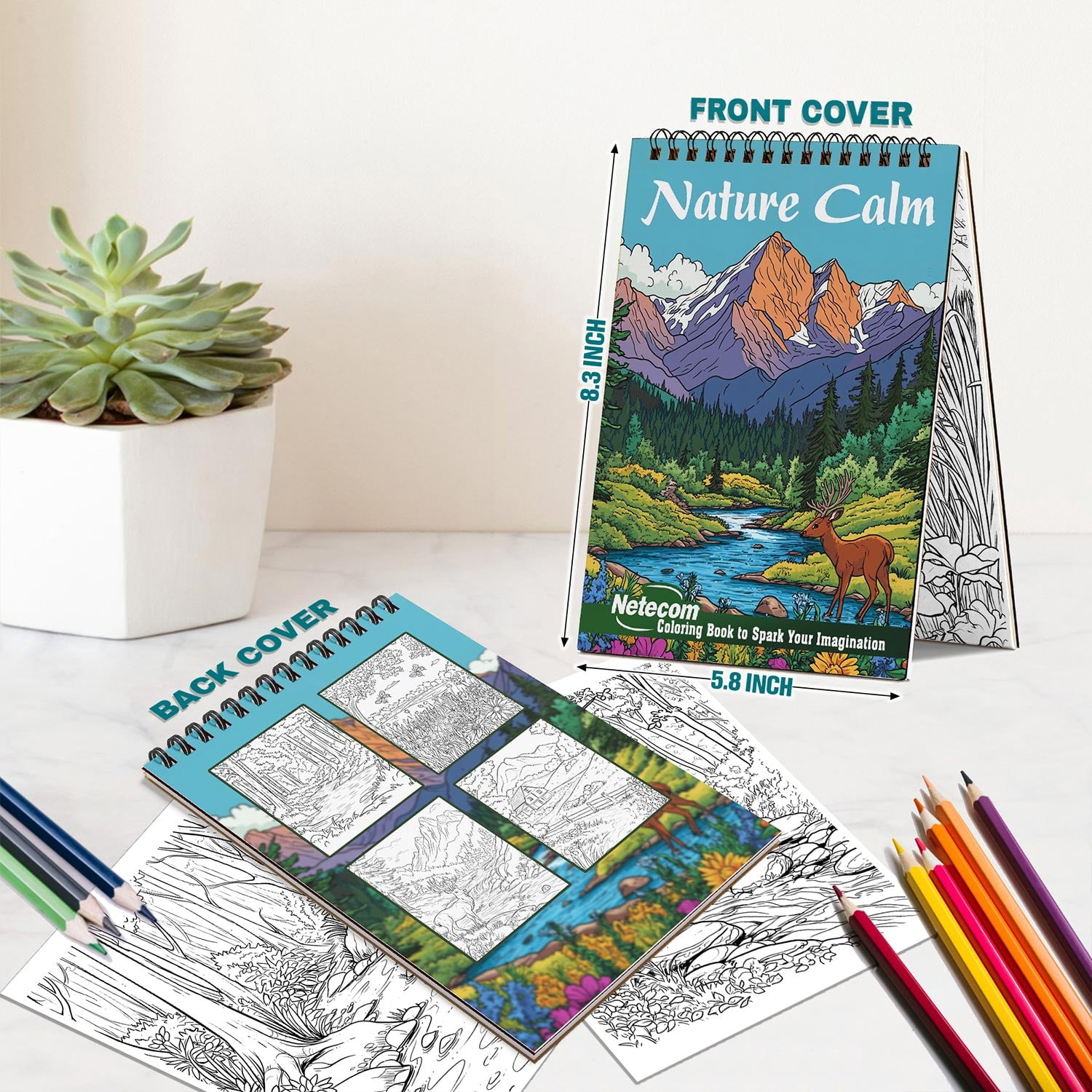 Netecom Nature Calm Coloring Book Spiral Bound for Adults, A5 Wooden Cover, 30 Peaceful Coloring Pages of Tranquil Landscapes for Stress Relief and Relaxation