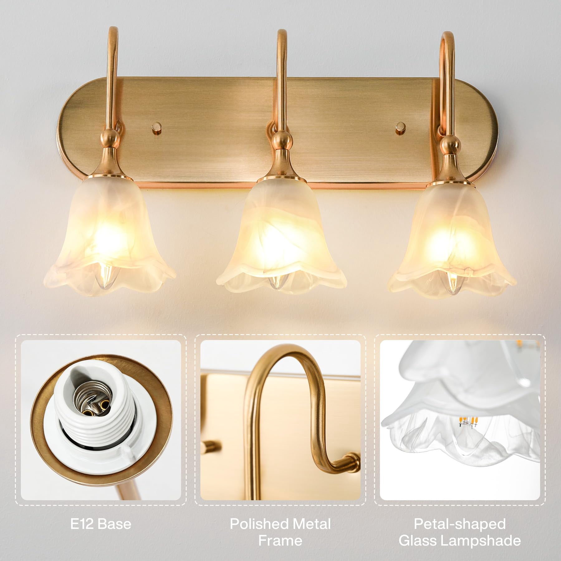 Fnova 3-Light Gold Bathroom Light Fixtures, Modern Wall Lights with Petal-shaped Glass Shades, Wall Sconce Lamp for Mirror Bedroom (E12 Base)