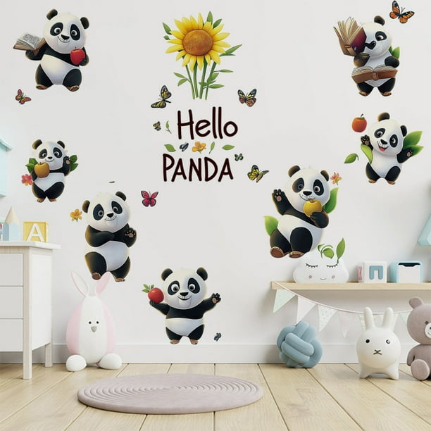 Adhesivos de pared con dibujos animados de panda con girasoles, 40 x 60 cm, PVC