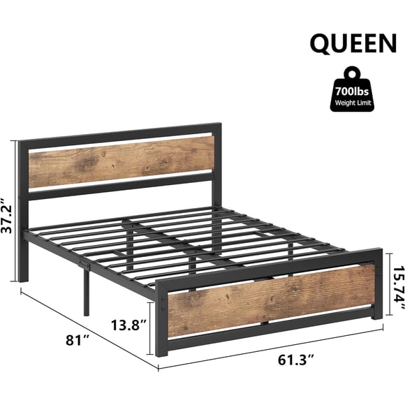 QinaQin 14 Inch QUEEN Size Bed Frame, Industrial Platform, Retro